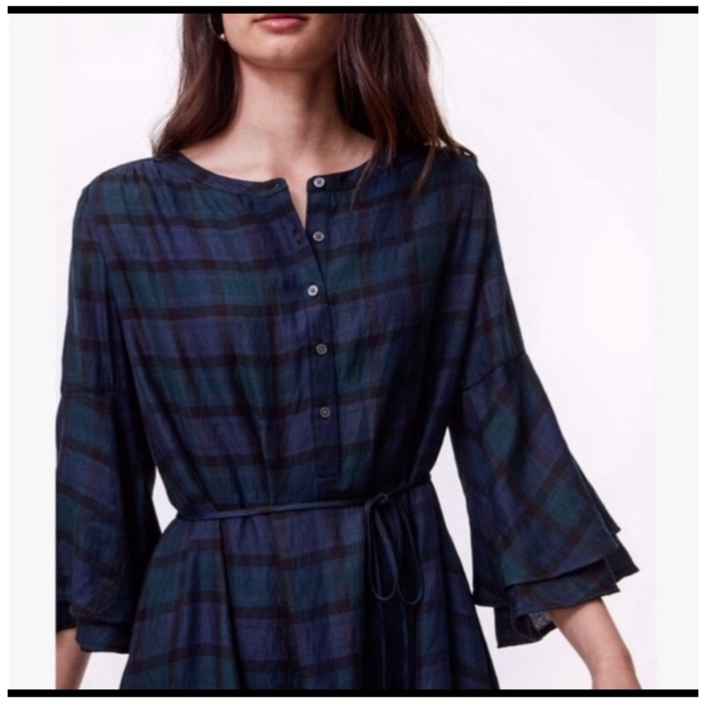 Large (Tall) LOFT Herritage Plaid Green Tie Dress